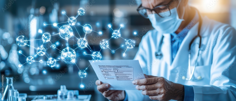 Aufkleber scientist analyzing data in laboratory with molecular graphics, showcasing modern research and techn