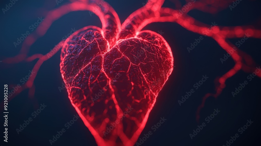 Poster futuristic coronary artery digital blueprint cross-section with glowing details and copy space for t