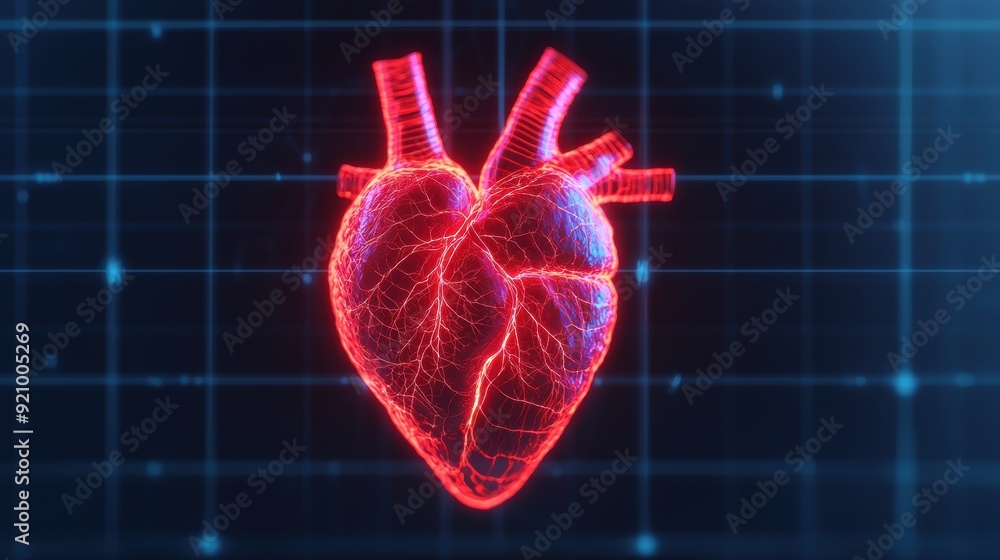 Poster futuristic coronary artery digital blueprint cross-section with glowing details and copy space for t