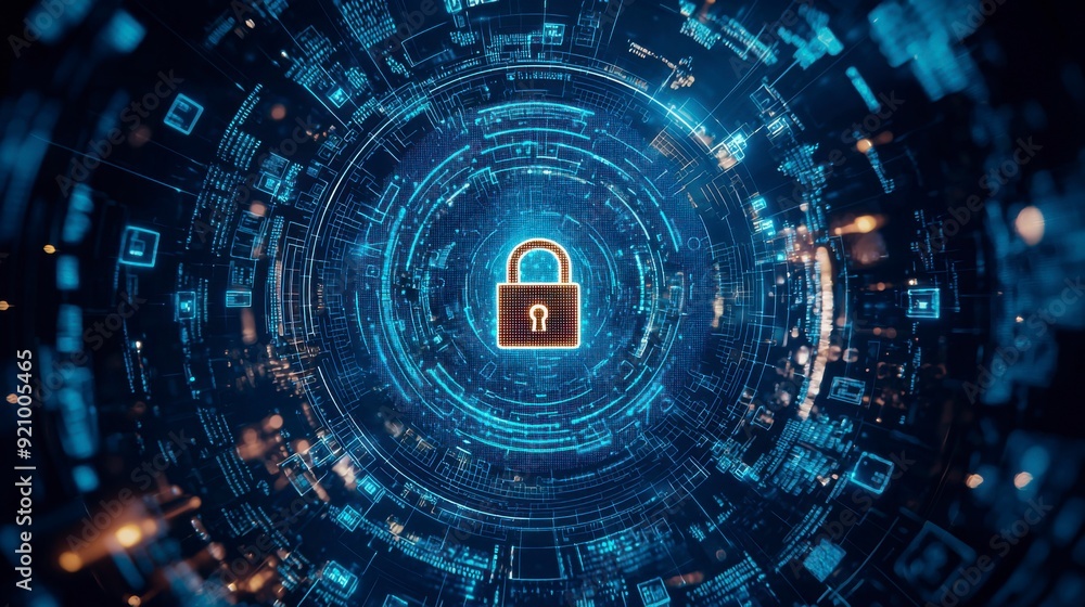 Poster digital background with pixelated lock and data protection symbols on a blue digital screen