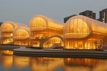 Obraz premium Stunning modern architecture with illuminated buildings by the water, showcasing unique design and vibrant urban atmosphere at dusk.