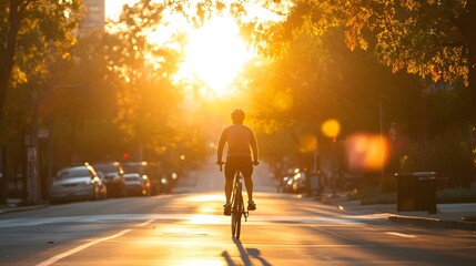 Bicyclist Riding Through Sunrise-Lit Urban Street on Monday Morning