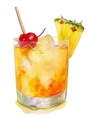 Watercolor Mai Tai cocktail pineapple wedge cherry illustration, isolated on white background, Summer Drink