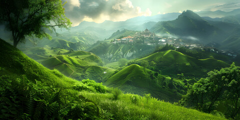 Fototapeta premium A valley covered in lush green foliage