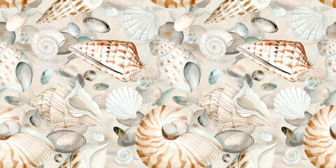 Sea Shells and Pebbles. Seamless Pattern. Watercolor illustration in pastel colors. The drawing is hand drawn. Suitable for postcards, wallpaper and textiles.