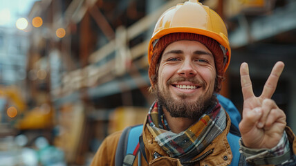 Construction engineer showing the victory sign at construction site.