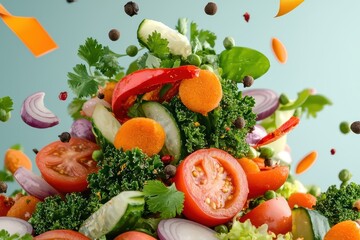 Vibrant assortment of fresh vegetables piled high, showcasing the beauty and color of healthy produce against a soft background.