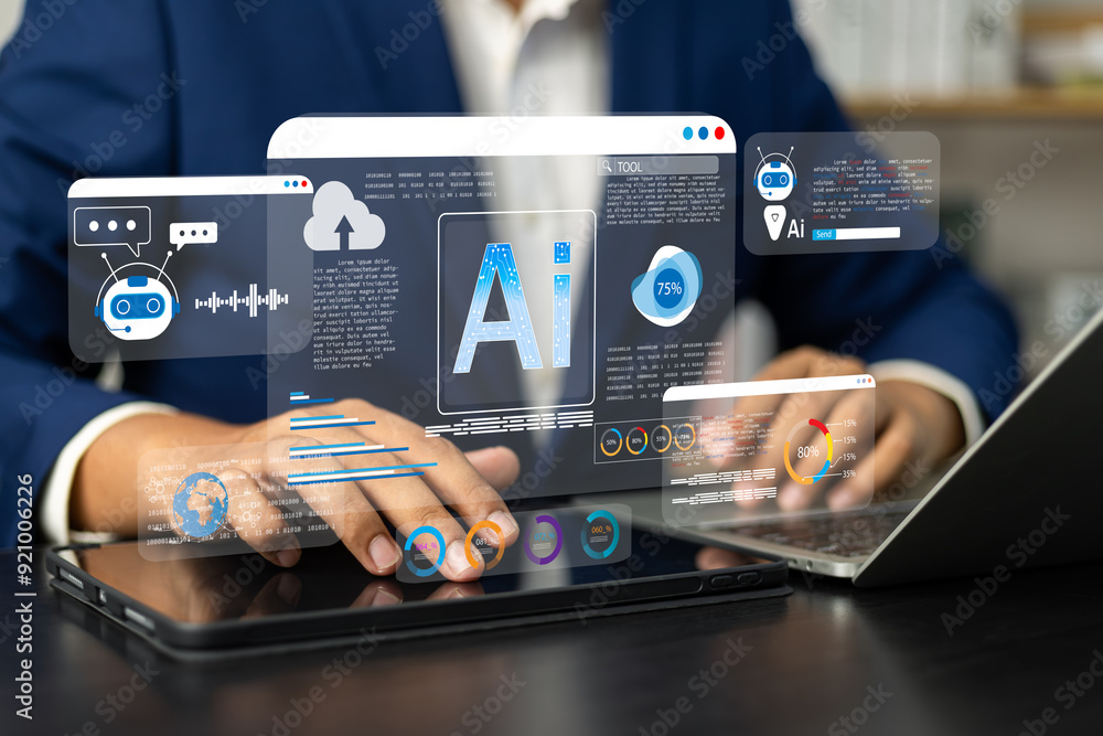 Aufkleber Businessman use artificial intelligence AI technology for enhanced work efficiency data analysis and efficient tools, Unlocking work potential with AI solutions chatbot help solve work problems.
