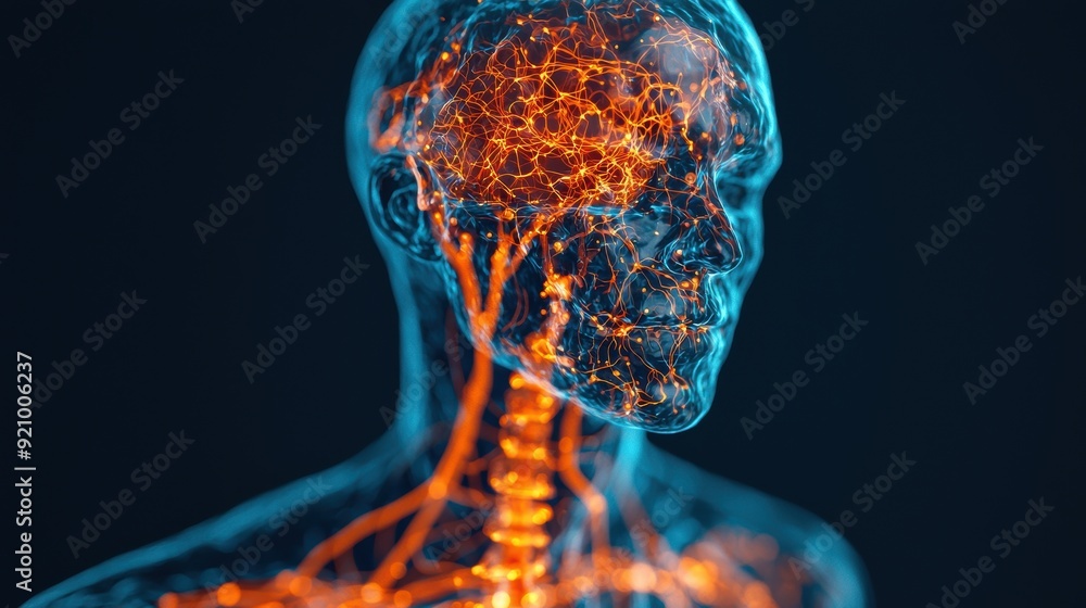 Poster intricate details of peripheral nerves anatomical map with glowing lines in high detail 8k resolutio