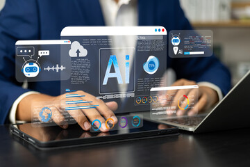 Businessman use artificial intelligence AI technology for enhanced work efficiency data analysis...