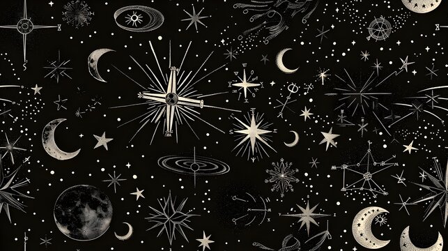 Glittery Constellations Tarot Card Pattern in Monochrome Night Sky
