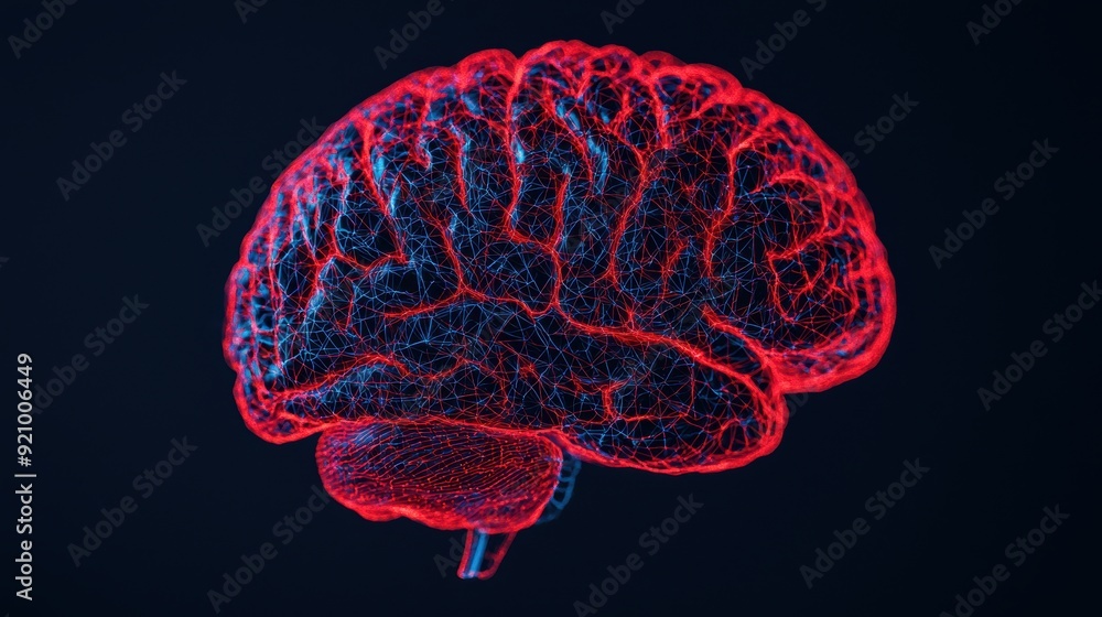 Poster futuristic brain anatomy holographic display with transparent layers and neon effects in 8k high det