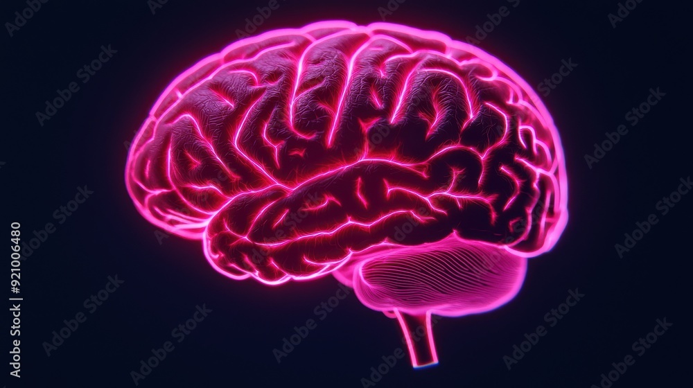 Poster futuristic brain anatomy holographic display with transparent layers and neon effects. copy space fo