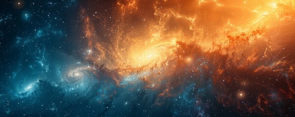 Obraz premium A colorful space scene with a spiral galaxy in the center and a bright orange