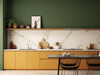 Modern Kitchen Design with Green Wall and Wooden Cabinets.