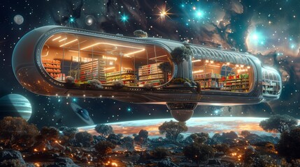 Floating Cosmic Supermarket in the Vast Interstellar Space with Sleek Metallic Structure and Glowing Lights
