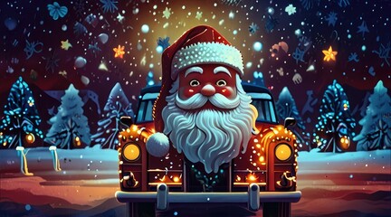 Festive Santa Driving Through Winter Wonderland at Night