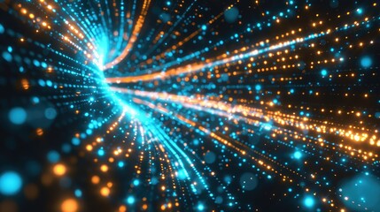 Abstract background with glowing blue and orange particles radiating from a central point.