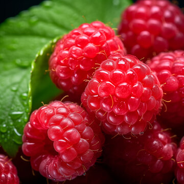 Fresh Raspberries with Dew on Leaf Close-Up