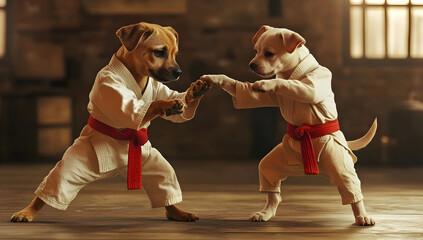 Fototapeta premium Two dogs in karate uniforms sparring playfully, showcasing their skills in a fun and energetic atmosphere.