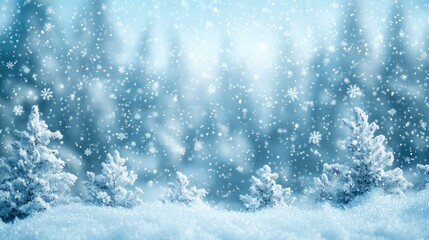 Naklejka premium Snow Covered Winter Forest with Falling Snowflakes and Blue Sky in Daylight