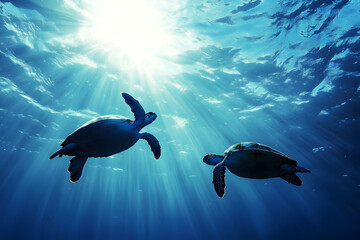 Fototapeta premium Two sea turtles swim gracefully underwater, illuminated by sunlight filtering through the ocean surface, creating a serene atmosphere.
