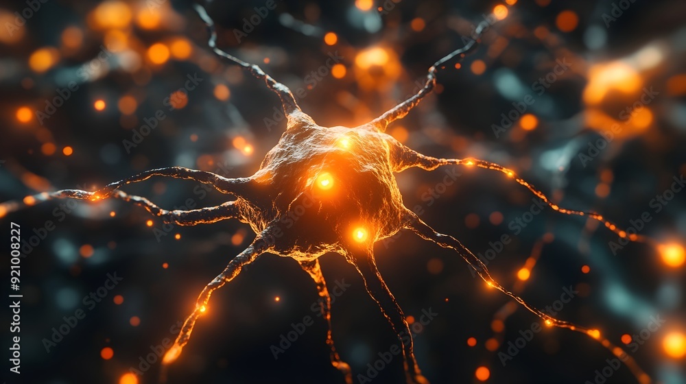 Poster glowing nerve cell illustrating neuroscience concepts in dynamic close-up