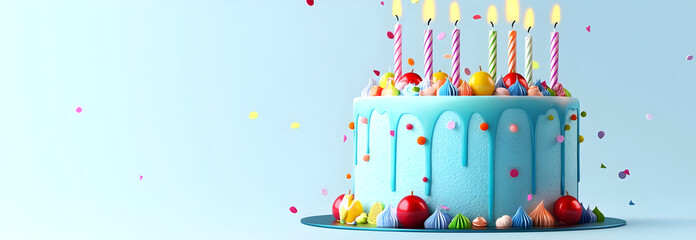 Fototapeta premium A colorful birthday cake with candles, surrounded by festive decorations and sweets, perfect for celebrations and joyful moments.