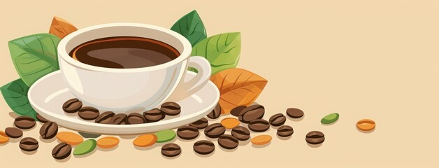 Obraz premium World Coffee Day text with coffee beans and cup icon, banner for world drinking day celebration poster or greeting card design. trees, branches and leaves