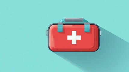 Obraz premium Red First Aid Kit with White Cross on Turquoise Background.