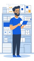 Man holding a folder and standing next to a shelf with boxes.