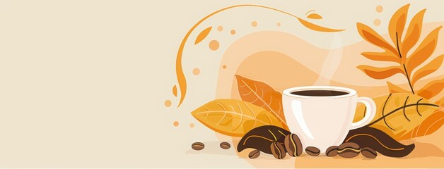 World Coffee Day text with coffee beans and cup icon, banner for world drinking day celebration poster or greeting card design. trees, branches and leaves