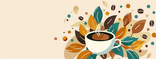 Obraz premium World Coffee Day text with coffee beans and cup icon, banner for world drinking day celebration poster or greeting card design. trees, branches and leaves