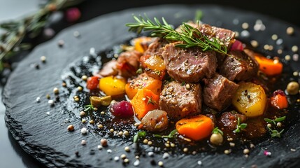 Hearty Wild Boar Stew Dish Elegantly Plated on a Dark Stone Plate