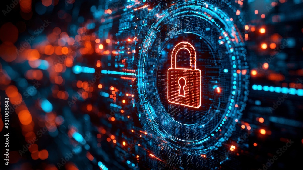 Poster digital background with pixelated lock and data protection symbols on a blue digital screen
