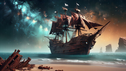 Fototapeta premium pirate ship sailing in the ocean