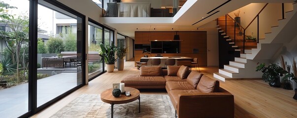 Minimalist villa with an open-plan living area.