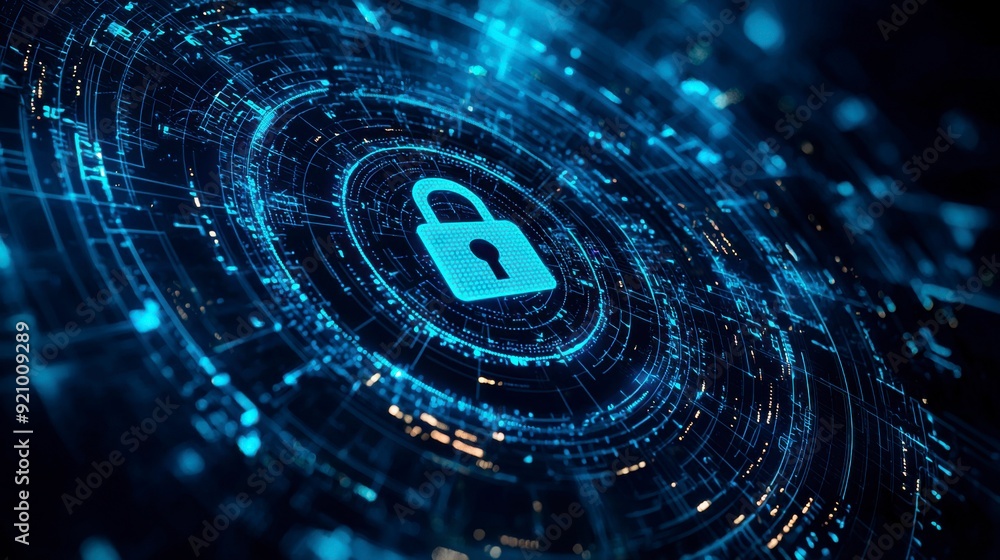 Poster digital background with pixelated lock and data protection symbols on a blue digital screen