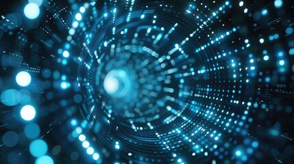 Abstract blue glowing tunnel of light, futuristic technology background.