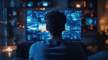 Fototapeta premium Man Analyzing Data on Multiple Screens in High-Tech Home Office at Night