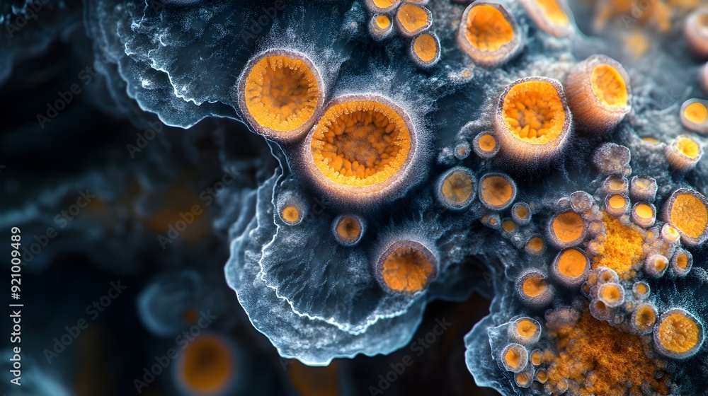 Poster intricate microscopic view of a vibrant fungal cell with unique cellular structures and spores