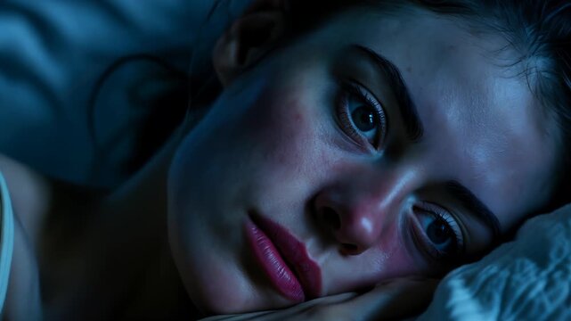 woman in bed late trying to sleep suffering insomnia, sleepless or scared in a nightmare, looking sad worried and stressed. Tired and headache or migraine waking up in the middle of the night.