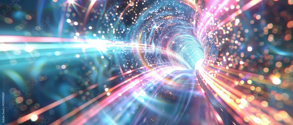 Poster abstract colorful light streaks and particles create a swirling, dynamic pattern.