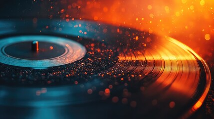 Vintage Vinyl Record on Turntable with Bokeh Sparks in Warm Lighting