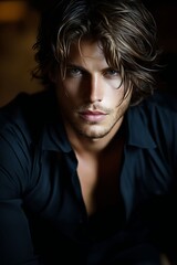 A man in a black shirt is looking at the camera