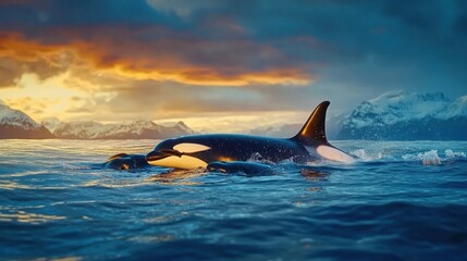 Fototapeta premium A pod of orcas hunting in the deep ocean at night