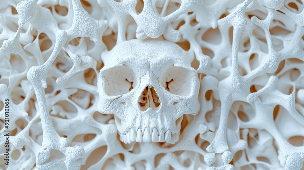 Poster dynamic pelvic bone structure revealed: detailed anatomy and stability in motion with copy space.