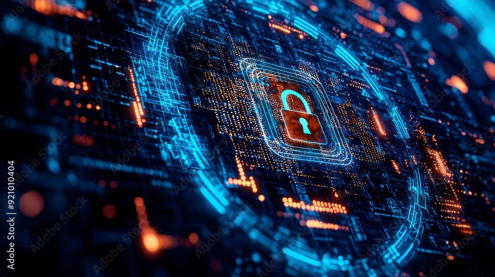 Poster digital background with pixelated lock and data protection symbols on a blue digital screen