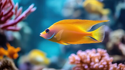 Obraz premium A school of neon-colored fish swimming in unison through a coral maze