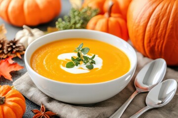 Delicious pumpkin soup in a white bowl garnished with cream and herbs, surrounded by fresh pumpkins and autumn decor on a table. - Powered by Adobe